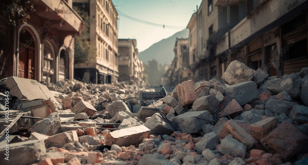 Aftermath of an earthquake, pile of rubble and debris covering city street, Generative AI