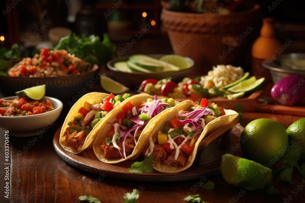 Tasty food illustration of flavorful tacos with the bold and zesty flavors of Mexican cuisine, in a festive and lively setting with a fiesta style. AI generated