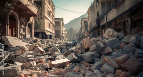 Aftermath of an earthquake, pile of rubble and debris covering city street, Generative AI