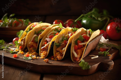Tasty food illustration of flavorful tacos with the bold and zesty flavors of Mexican cuisine, in a festive and lively setting with a fiesta style. AI generated