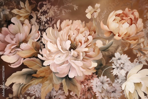 seamless watercolor background design flower illustration leaf pink delicate wallpaper peony. Generative AI.