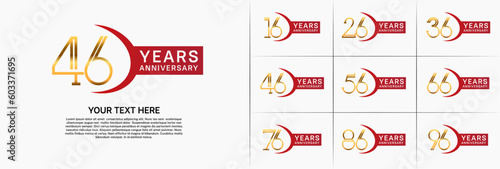 set of anniversary logotype gold color and red ribbon for special celebration event