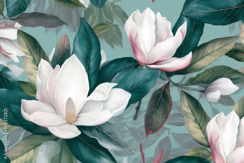watercolor leaf floral invitation pattern wallpaper magnolia background seamless decoration flower. Generative AI.