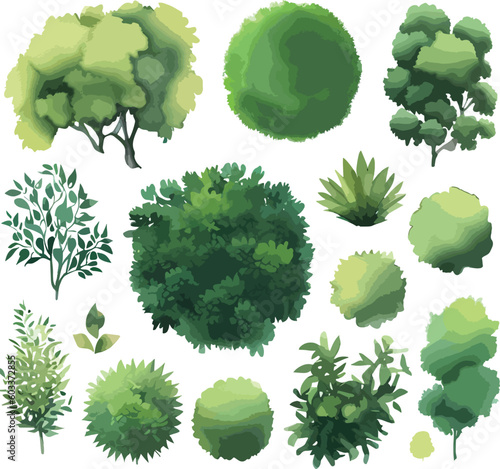 Awesome trees bushes shrubs top view vector