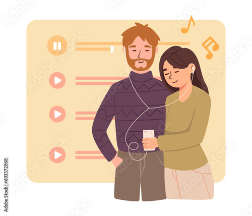 Pair listen music. Man and woman with player and headphones listen to favorite songs and playlist. Young family spend time together and relax. Cartoon flat vector illustration
