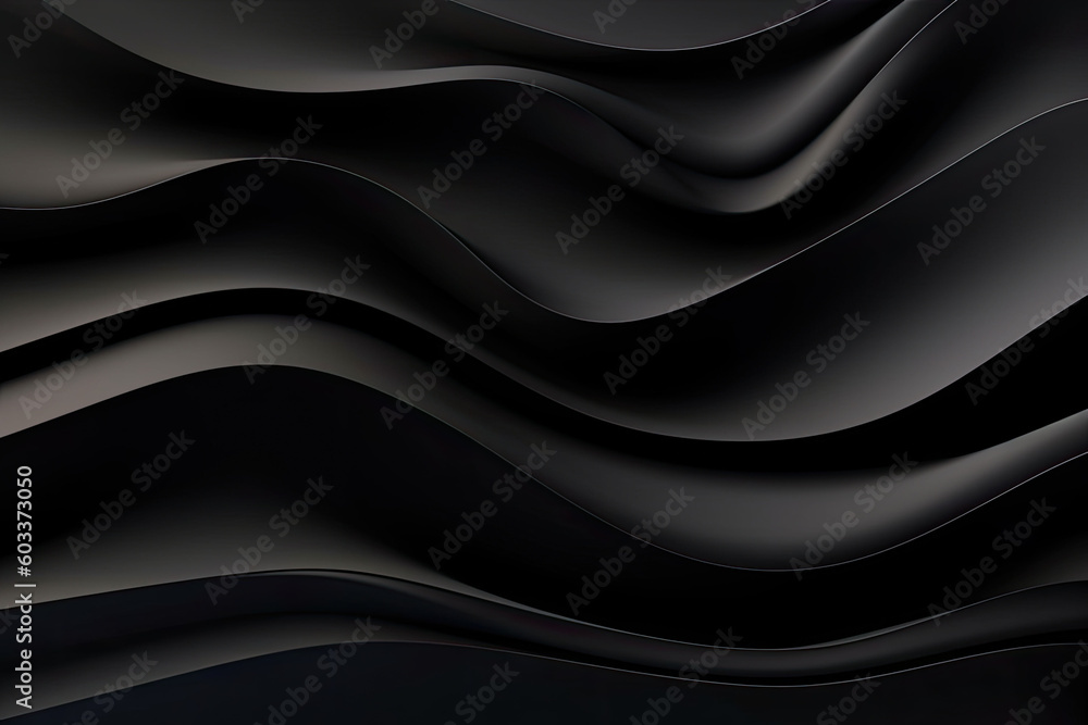 Glossy black wavy texture. Glowing wallpaper with abstract shapes. Background with curvy shapes. Generative AI Glossy black wavy texture. Glowing wallpaper with abstract shapes. Background with curvy shapes. Generative AI