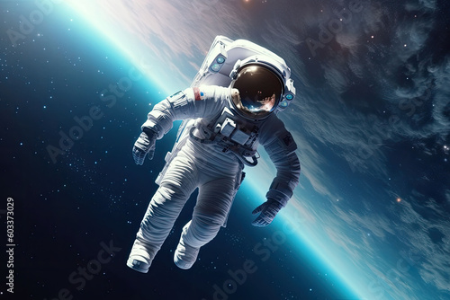 Astronaut do spacewalk in outer space. Spaceman float in space. Generative AI