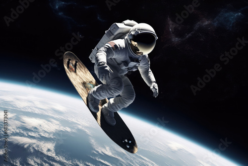 An astronaut surfing in the deep space. The spaceman on a surfboard is surfing the stars. Generative AI