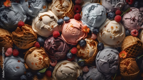 ice cream scoops of different colors and flavors. generative ai