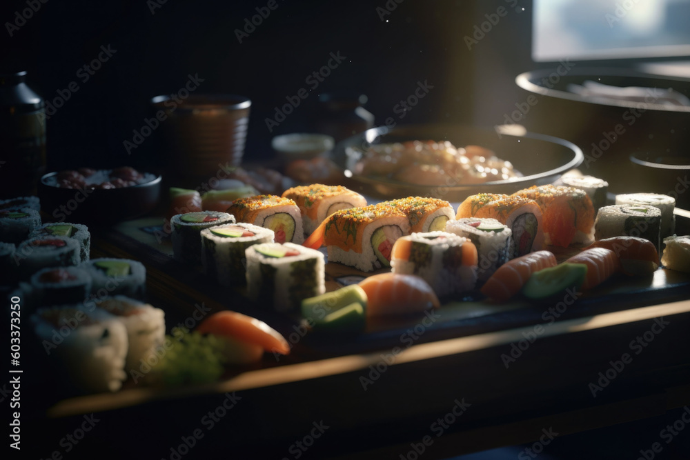 Sushi set nigiri and sushi rolls served on wooden board on dark background. Generative AI Sushi set nigiri and sushi rolls served on wooden board on dark background. Generative AI