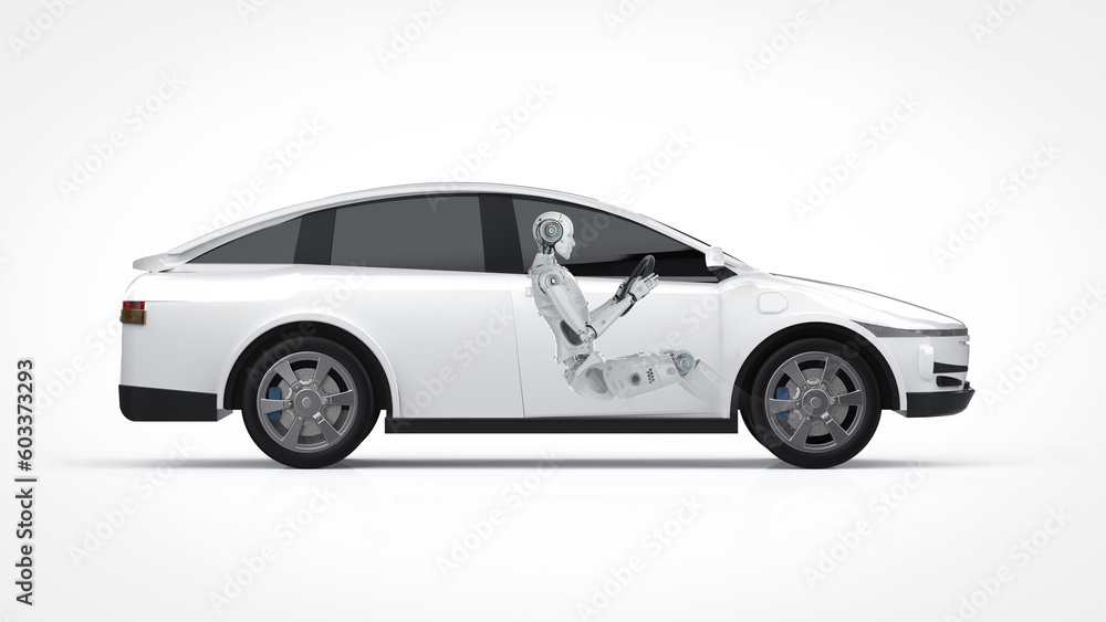 Driverless car or autonomous car with white ev car or electric vehicle with cyborg