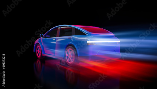 Ev car or electric vehicle motion drive on neon glow background