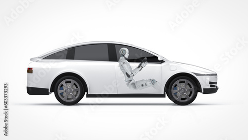 Fototapeta Naklejka Na Ścianę i Meble -  Driverless car or autonomous car with white ev car or electric vehicle with cyborg