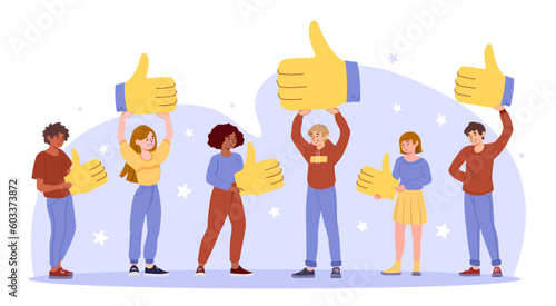 People take like. Men and women hold hands up with thumbs up. Ranking and rating, evaluation of content, goods and services. Reactions and feedback, user opinions. Cartoon flat vector illustration