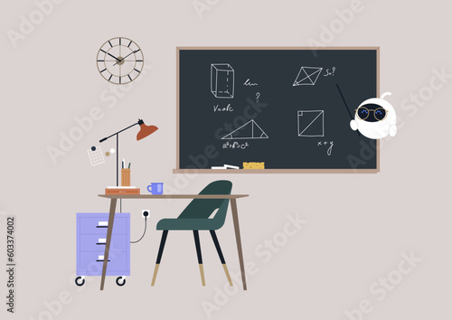 A machine learning process, a cute white round robot explaining  material to the class