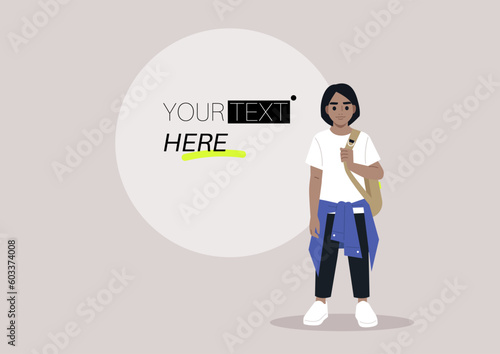 A full body portrait of a school kid carrying a backpack on one strap, a graphic element with a copy space on a background