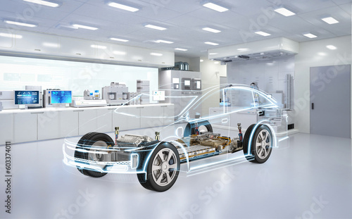 Ev car or electric vehicle with pack of battery cells on platform in laboratory