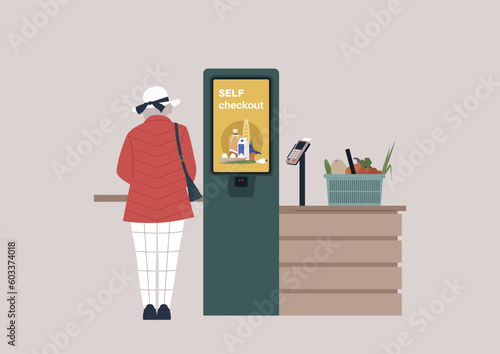 A self service checkout register, a supermarket store operated without managers