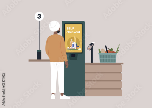 A self service checkout register, a supermarket store operated without managers