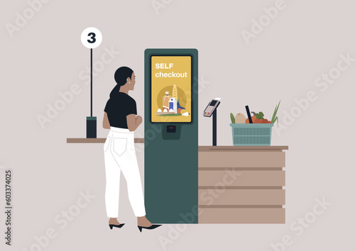 A self service checkout register, a supermarket store operated without managers