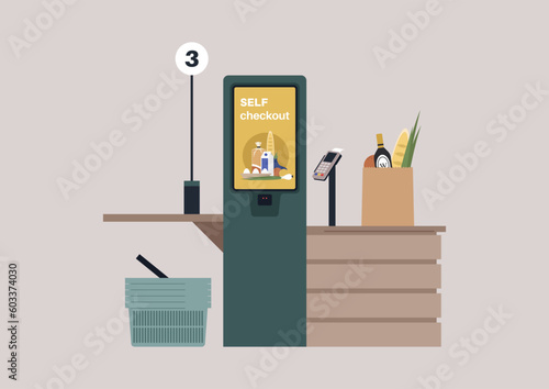 A self service checkout register, a supermarket store operated without managers