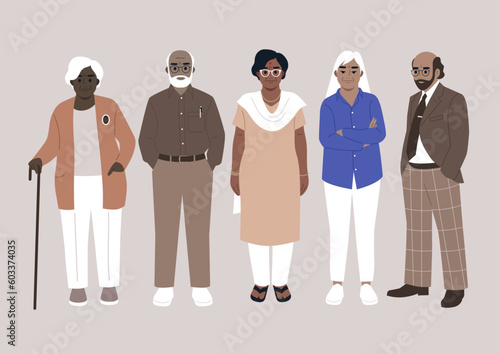 A diverse group of senior adult friends gathered together, a full length portrait, a retirement age
