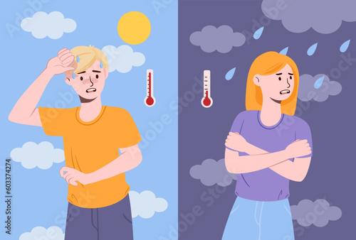Rain girl and sun boy. People suffer from wet and cold and hot weather. Man in summer and woman in autumn with thermometer. Temperature comparison. Cartoon flat vector illustration