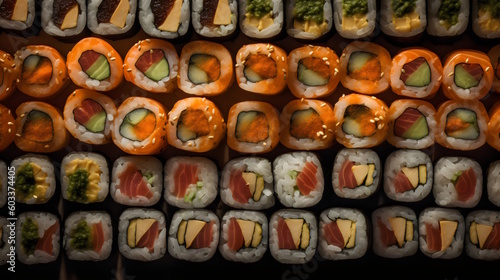 unlimited fresh sushi rolls, Lots of different sushi close-up on the board stock photo. generative ai