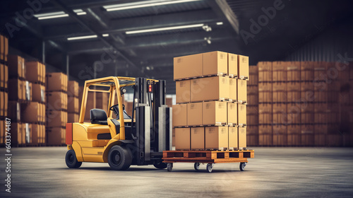 Cargo loading operation, shipment, logistics and freight transportation concept, open container full of boxes and forklift truck lift up packages on pallet isolated on white. Generative AI