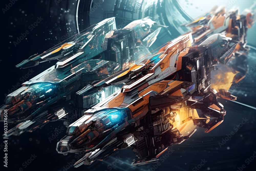 Fototapeta premium Abstract Modern Collage of Spaceships and Galaxies. Generative AI