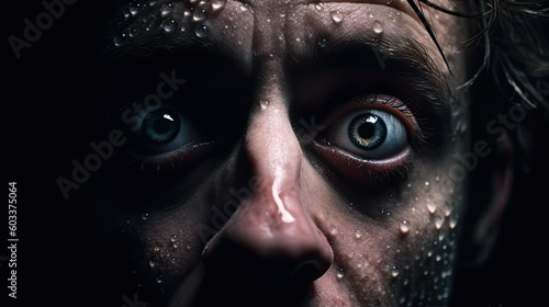 Expression of a scared man with sweat on his face, close-up.