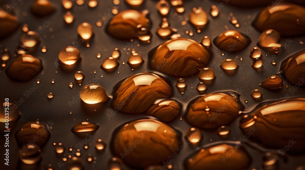 Close up of water drops on the dark table surface. generative ai Close up of water drops on the dark table surface. generative ai