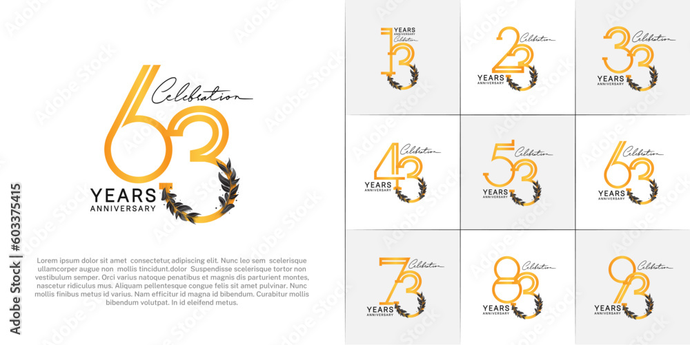 set of anniversary logotype golden color with black leaf for special celebration event