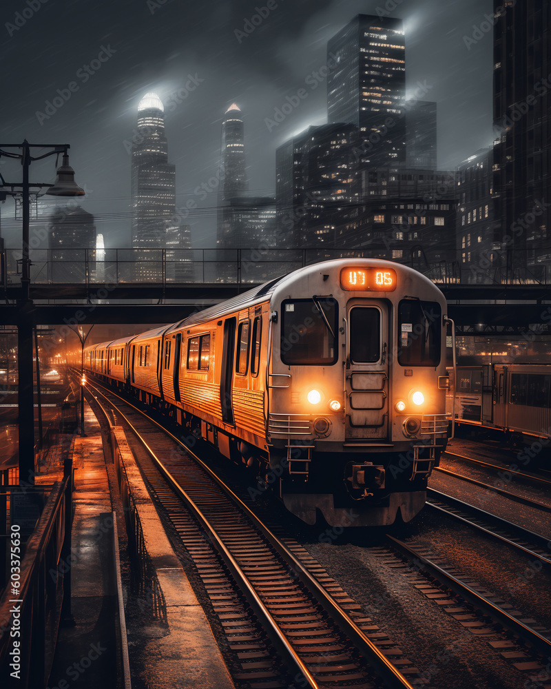 Fototapeta premium Above ground subway at night with cityscape in background. Generative AI