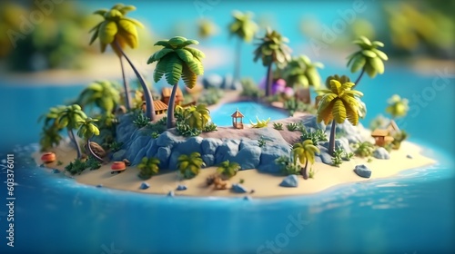 Tropical island with palm trees and blue ocean. Miniature cute clay world  Tropical island  isometric view  beach  palms  Tropical paradise. 3D illustration.