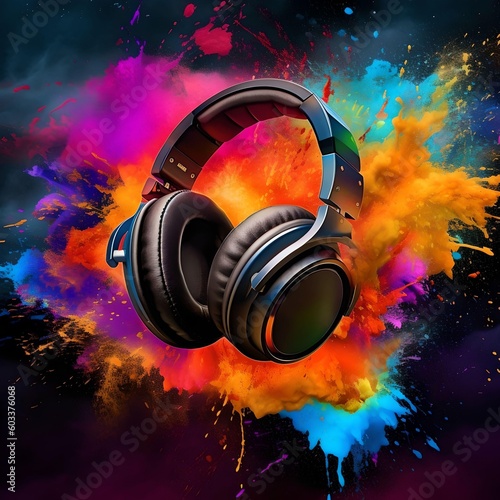 Colorful splash of colours. Headphones in a rainbow colored. Generative AI.