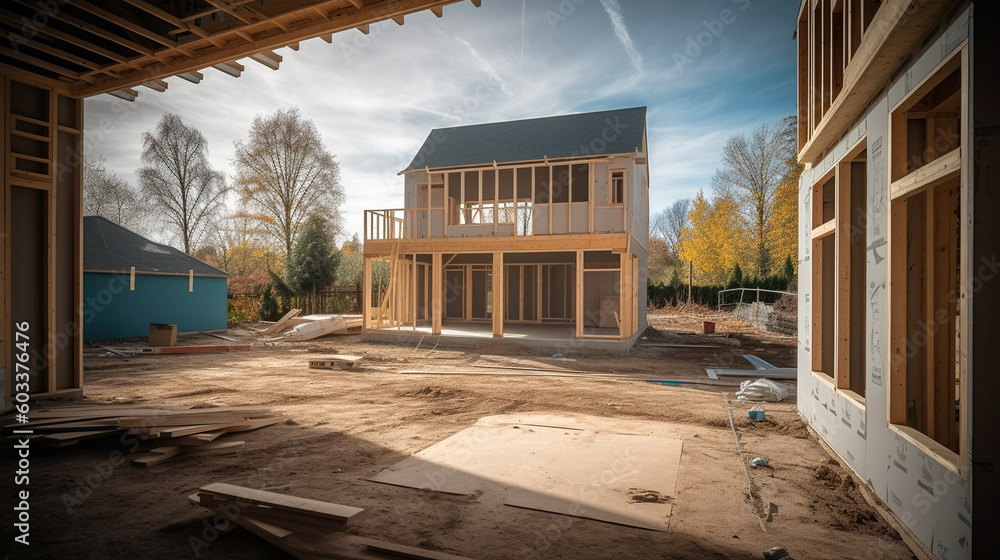 Fototapeta premium A house under construction, exit to a backyard. Generative AI