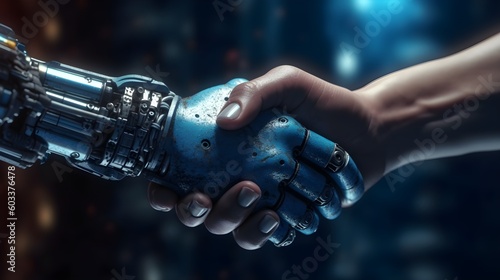 Close up.person and robot ai shaking hands.collaboration and friendship or partner support together,