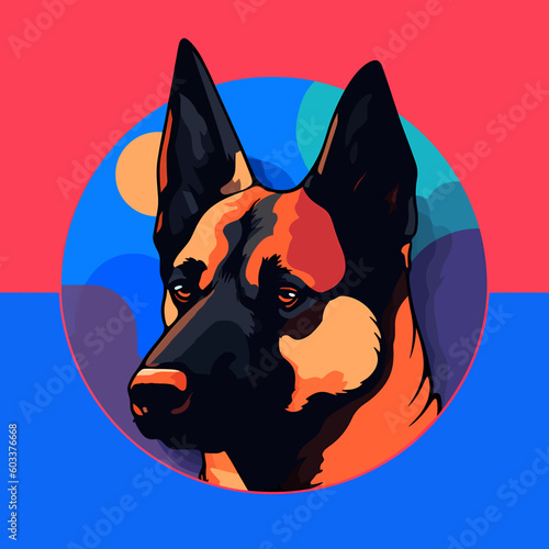 The face of a German Shepherd against the background of a circle. Vector illustration of a dog on a colorful background.