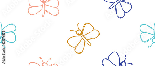 Hand Drawn Irregular Seamless Vector Pattern with Freehand Colorful Butterfies Isolated on a White Background. Simple Abstract Flying Butterflies Repeatable Design ideal for Fabric, Wrapping Paper. photo