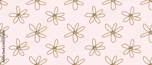 Hand Drawn Irregular Floral Seamless Vector Pattern. Freehand Gold Daisy Flowers Isolated on a Light Pink Background. Simple Abstract Garden Repeatable Design. Floral Endless Print ideal for Fabric.