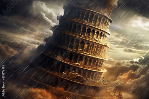 Fototapete Giant old mystical tower, Babel tower in storm