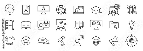 Electronic learning icons. Line icons of Online education. Distance learning. Vector illustration.
