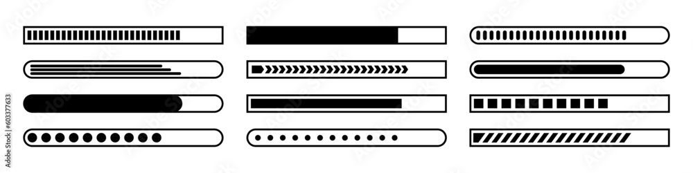 Loading bar black icons set. Progress bar loading for design and applications. Vector illustration isolated on white background. Loading bar black icons set. Progress bar loading for design and applications. Vector illustration isolated on white background.