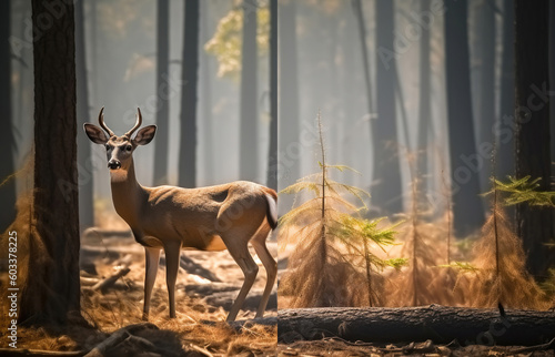 Deer in past and future forest, climate change crisis, global warming impact on nature. Generative AI