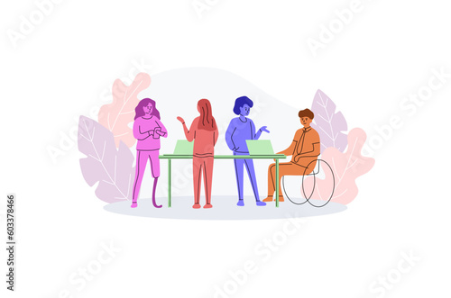 Adaptation of people with disabilities. The concept of inclusion, diversity and equality. A man in a wheelchair and a woman with a prosthetic leg work in an office