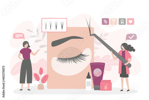 Woman client in beauty salon. Lash making cosmetic procedure. Fake eye lashes making treatment, beauty applying false lash, brow lamination procedure. Fashion, small business.