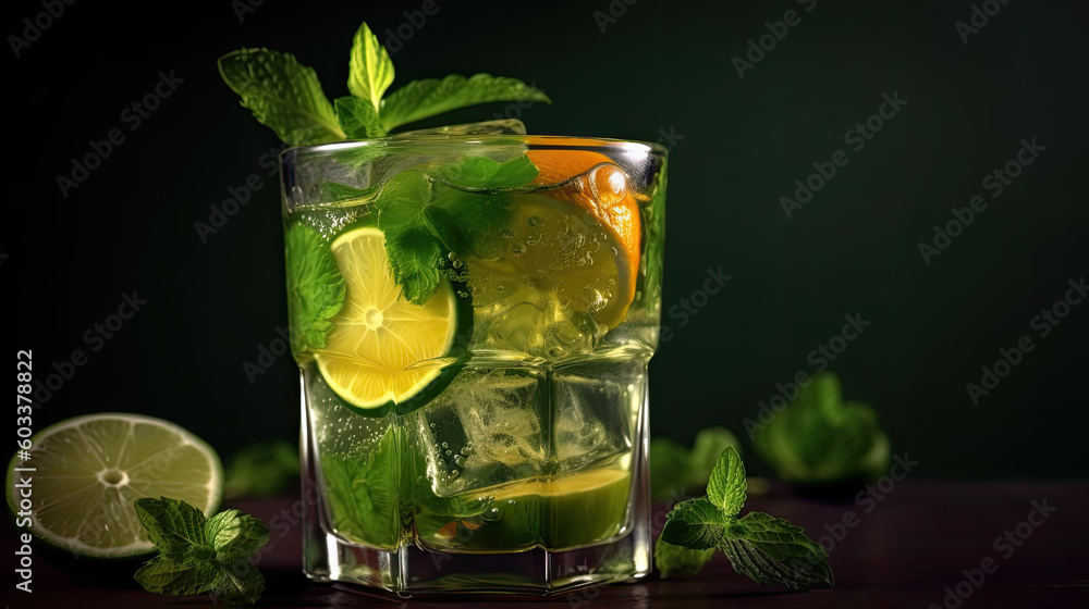 Fresh lime mojito with ice decorated with mint twigs and lime slices on the black background with copy space, generative AI Fresh lime mojito with ice decorated with mint twigs and lime slices on the black background with copy space, generative AI
