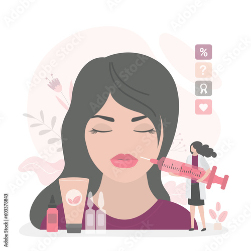 Permanent lips makeup. Girl facial treatment. Permanent lips implants, mouth injections, plastic surgery. Filler cosmetic procedure, plump lips method.