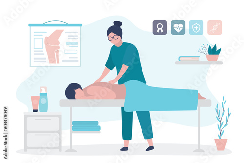 Relaxed woman getting back massage in spa with professional massage therapist. Wellness, healing and relaxation concept. Young adult lying and masseur massaging her body.